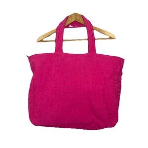 Victoria's Secret Tote Bag Large Hot Pink Terry Cloth Spellout Logo Zipper Beach